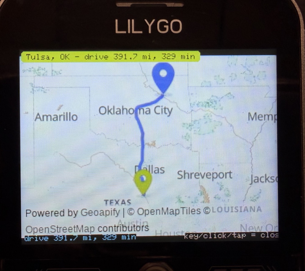 A driving route from Waco to Tulsa drawn on the map with distance and time